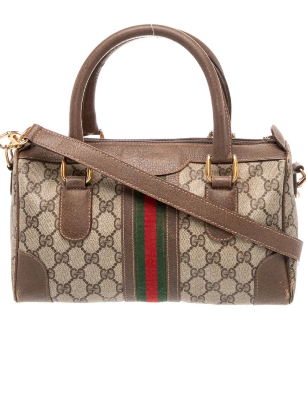 AUTH Gucci GG Supreme Monogram Web Stripe Zip Satchel Top Handle w/Strap Vintage